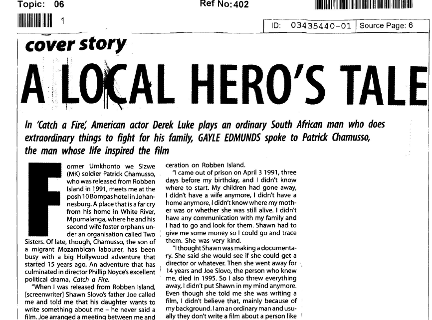 A local hero's tale, by Gayle Edmunds, City Press, 11 February 2007